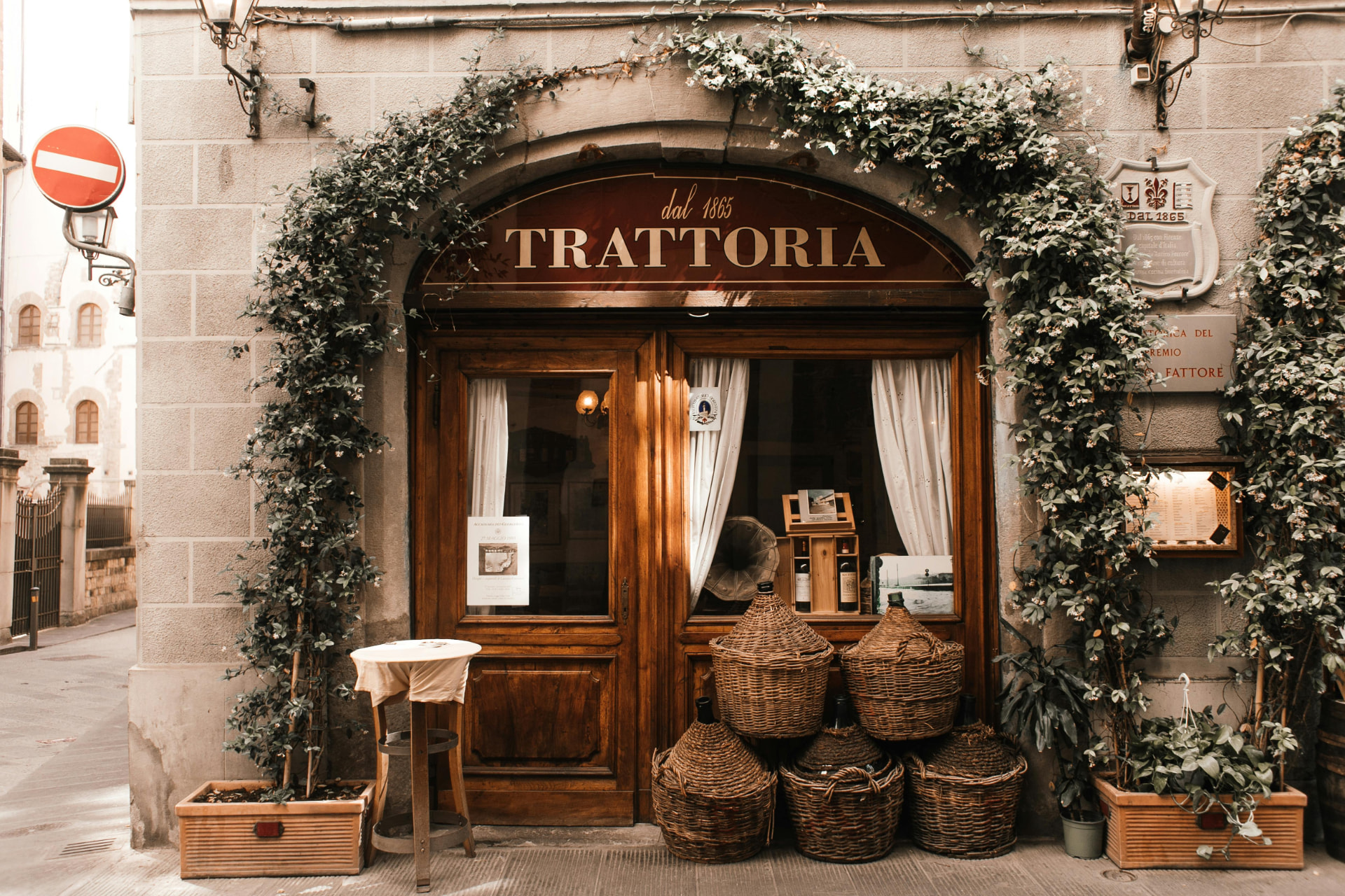 A historic trattoria doorway in Italy